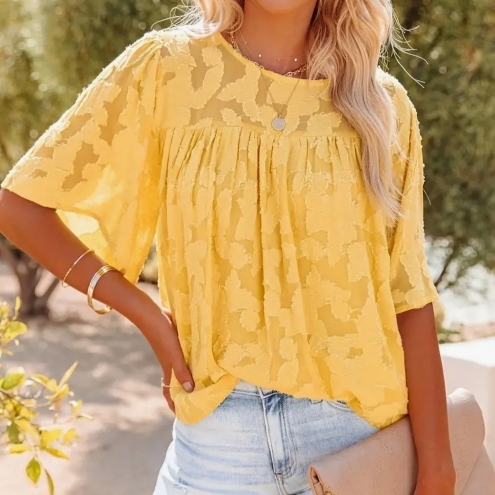 Casual Lace Flare Sleeve Blouse, Short Sleeve Crew Neck Solid Blouse. - Picture 10 of 12